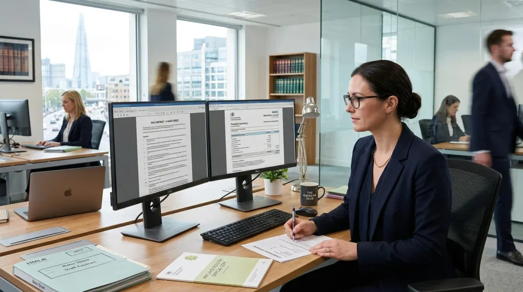 Conveyancing solicitors reviewing legal paperwork and Land Registry documents in a UK law firm office.