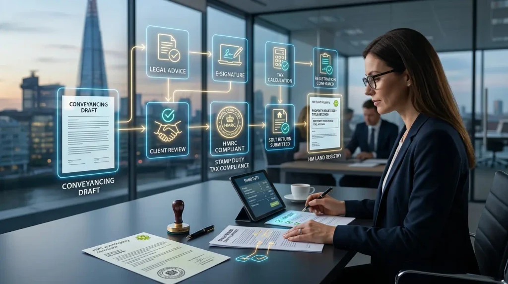 Digital network and legal team collaboration representing outsourced post completion services for law firms.