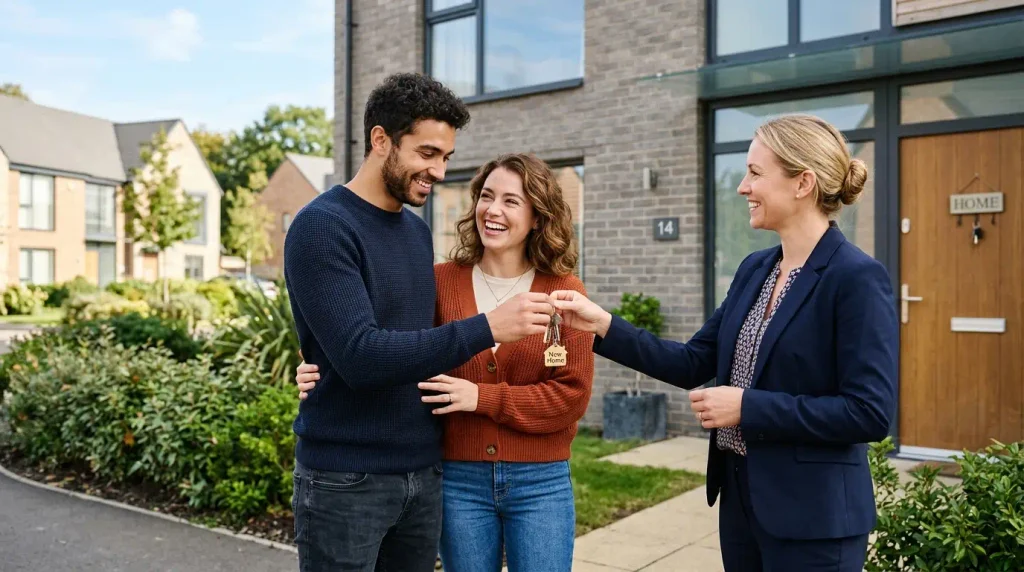 A homebuyer receiving property keys outside a modern UK residential home, representing the start of post completion.